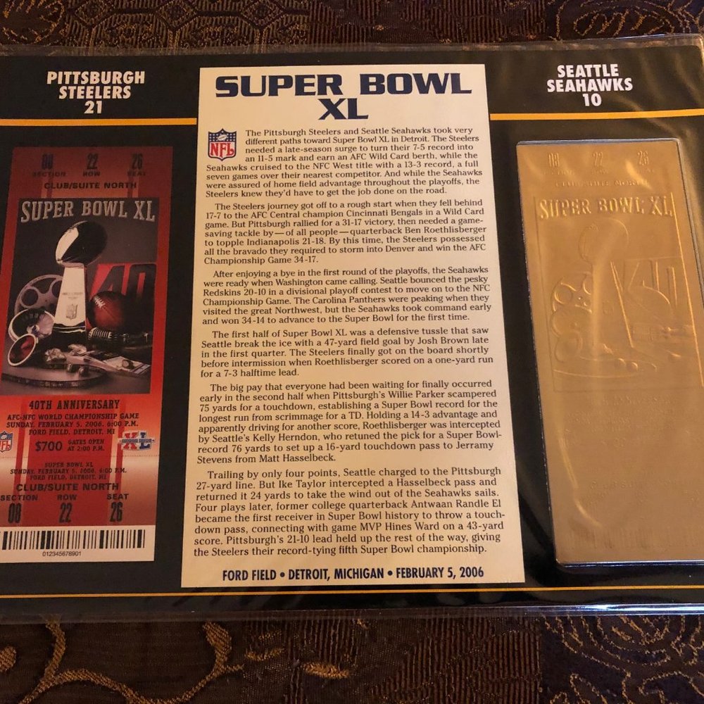 SUPER BOWL XL *** WILLABEE & WARD 22KT GOLD FOIL TICKET REPLICA PANE *****